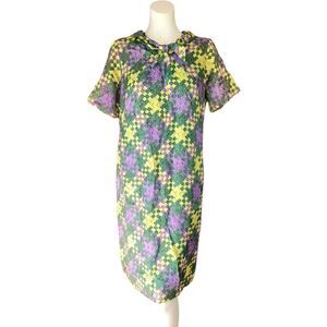 Vintage 70s Handmade Shift Dress Green, purple, and yellow Squares Large